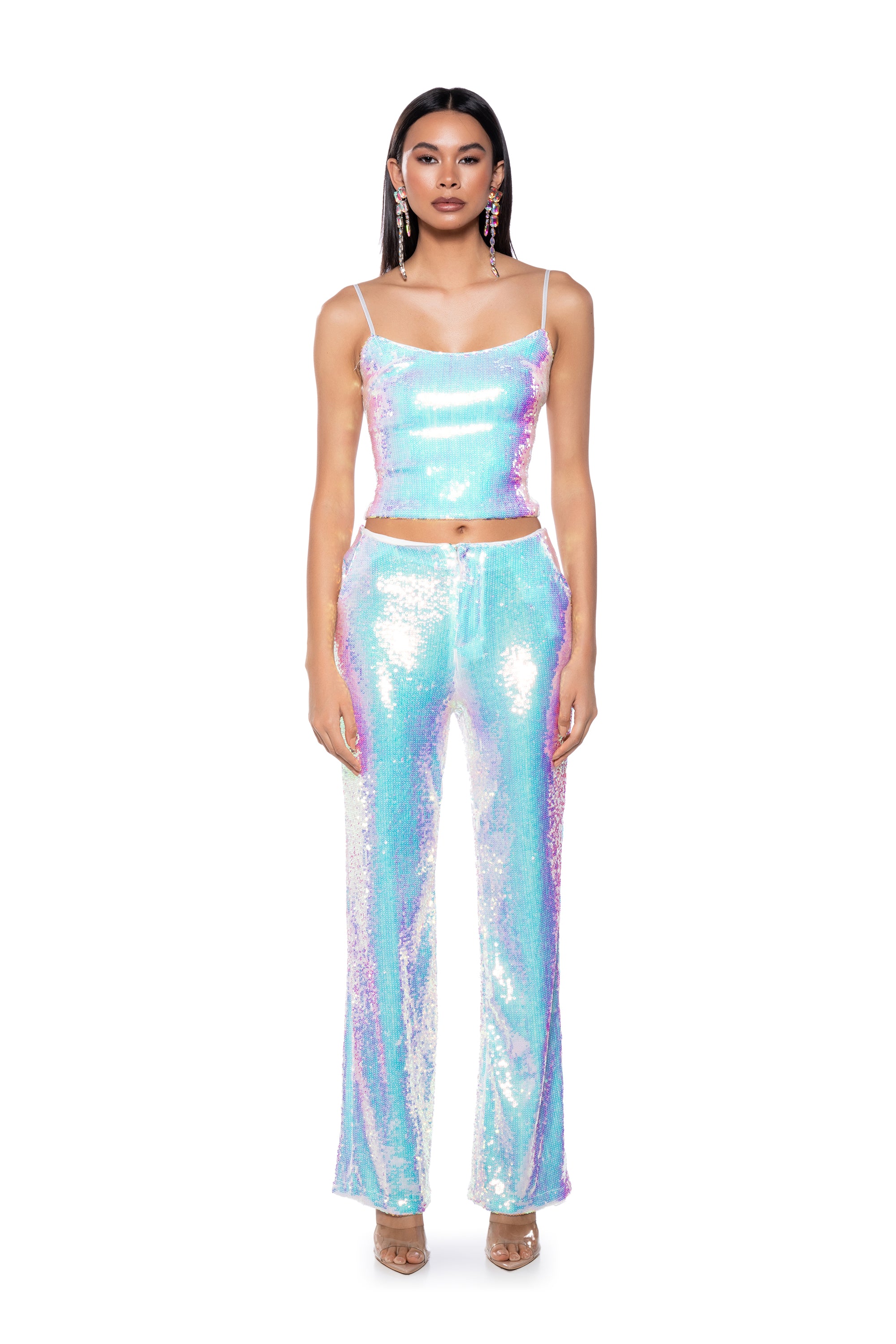 Extra View Irresistible Girl Sequin Wide Leg Pant In White