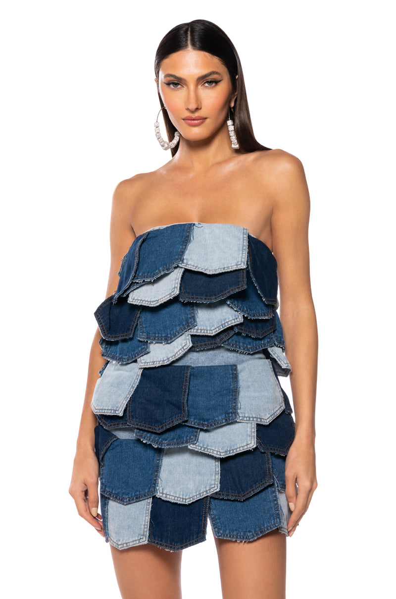 ISLA DENIM PATCHWORK STRAPLESS MINI DRESS view 0
