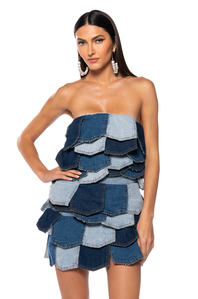 Side View Isla Bonita Patchwork Denim Strapless Mini Dress