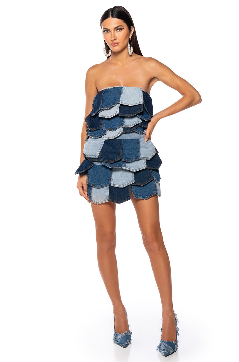 Full View Isla Bonita Patchwork Denim Strapless Mini Dress