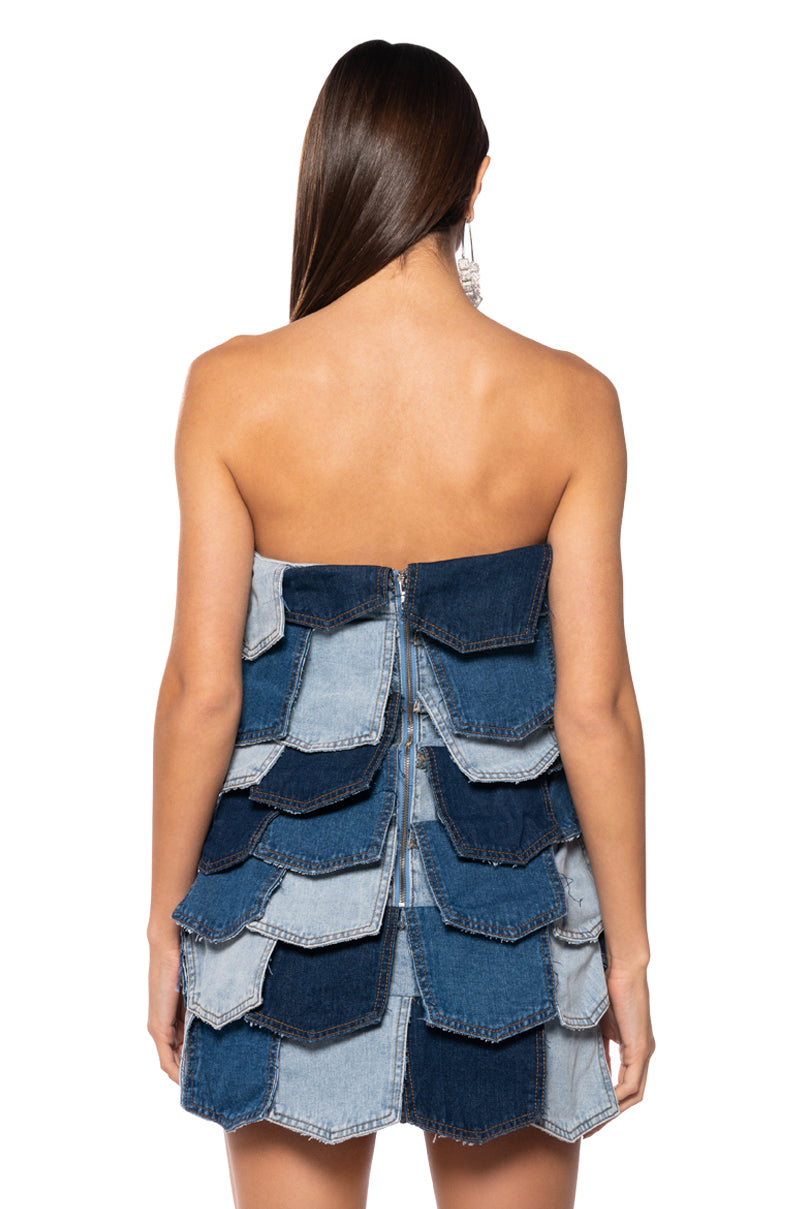 Extra View Isla Bonita Patchwork Denim Strapless Mini Dress