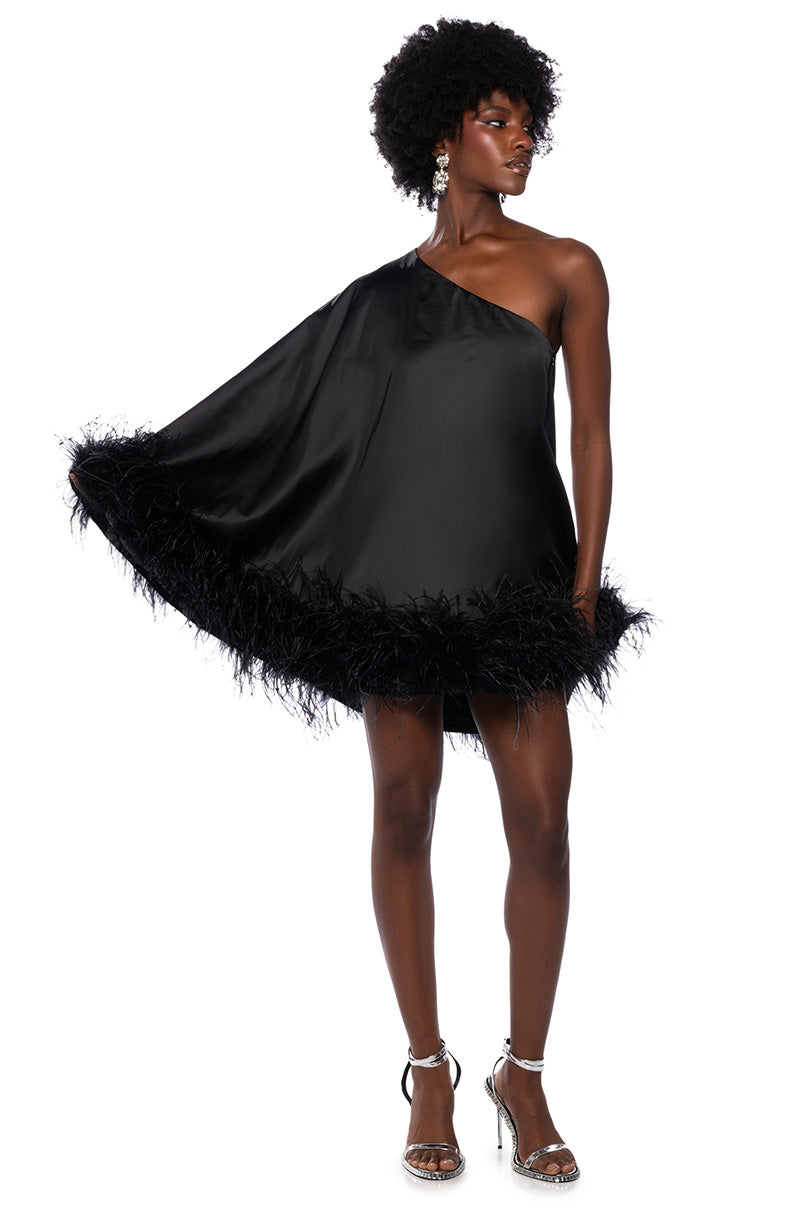 Side View Isnt It Lovely One Shoulder Feather Hem Mini Dress In Black 1