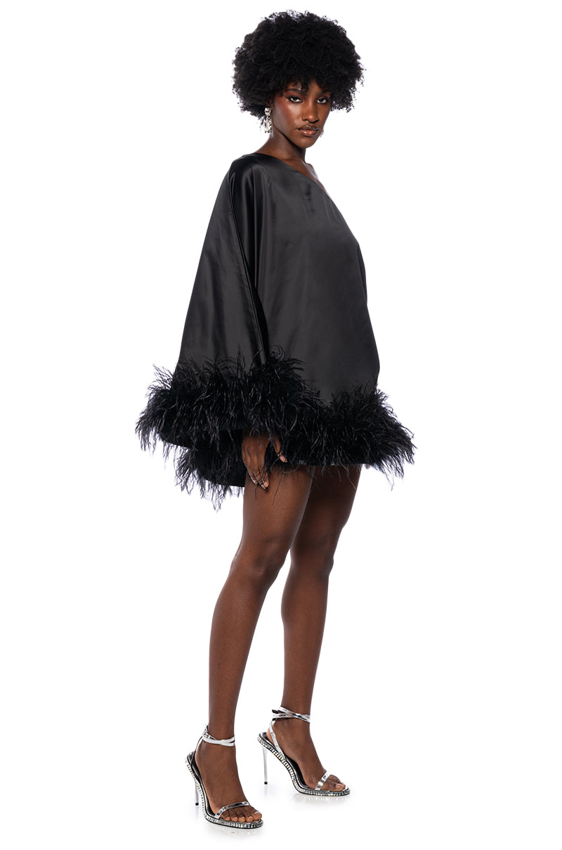 Back View Isnt It Lovely One Shoulder Feather Hem Mini Dress In Black 2
