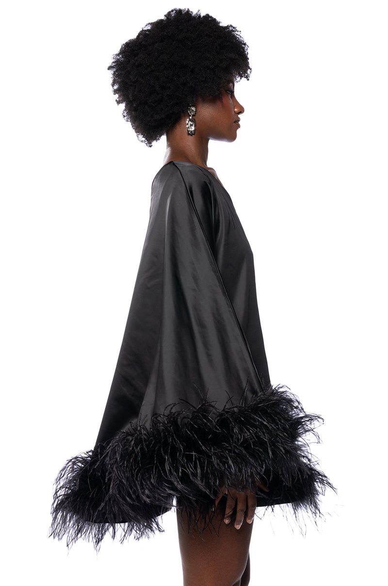 Detail View Isnt It Lovely One Shoulder Feather Hem Mini Dress In Black 3