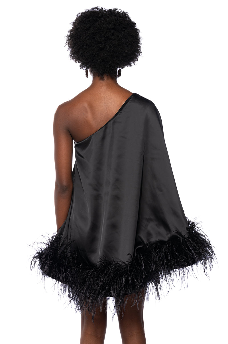 Full View Isnt It Lovely One Shoulder Feather Hem Mini Dress In Black 4