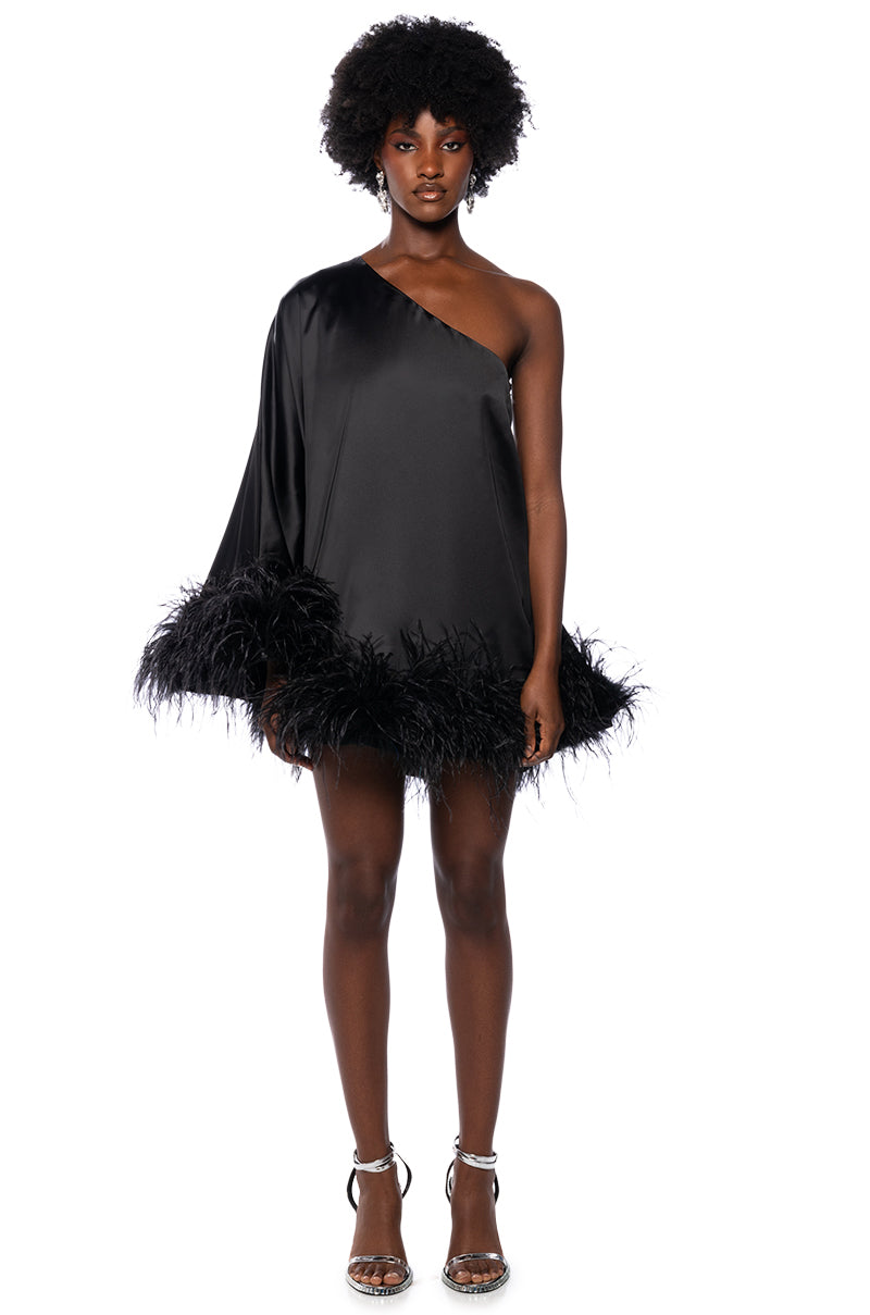 Extra View Isnt It Lovely One Shoulder Feather Hem Mini Dress In Black 6