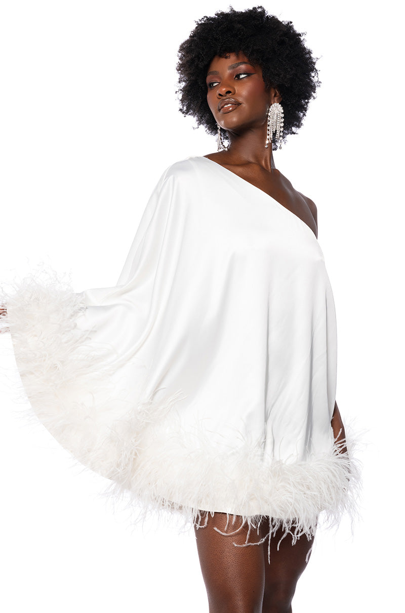 ISNT IT LOVELY ONE SHOULDER FEATHER HEM MINI DRESS IN WHITE view 0