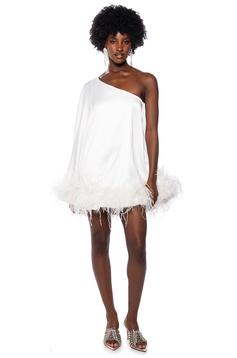 ISNT IT LOVELY ONE SHOULDER FEATHER HEM MINI DRESS IN WHITE – AKIRA