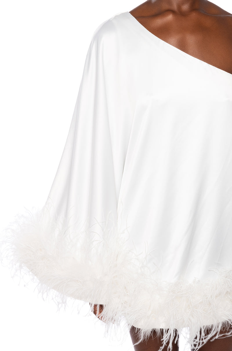 ISNT IT LOVELY ONE SHOULDER FEATHER HEM MINI DRESS IN WHITE AKIRA ISNT IT LOVELY ONE SHOULDER FEATHER HEM MINI DRESS IN WHITE AKIRA