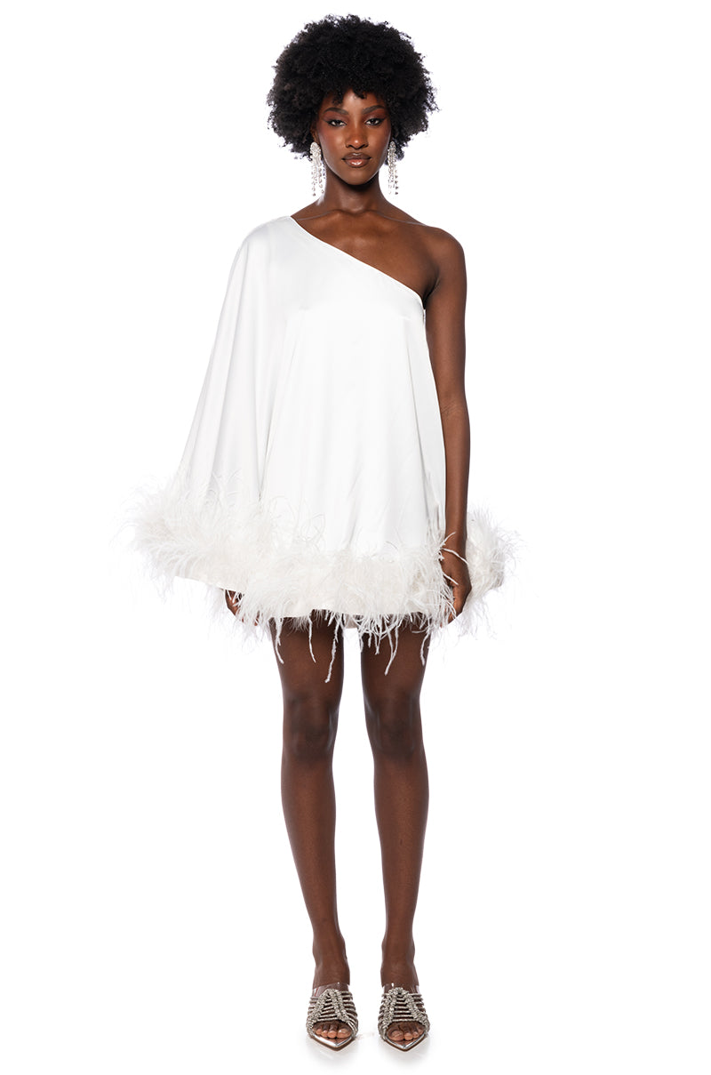 Extra View Isnt It Lovely One Shoulder Feather Hem Mini Dress In White