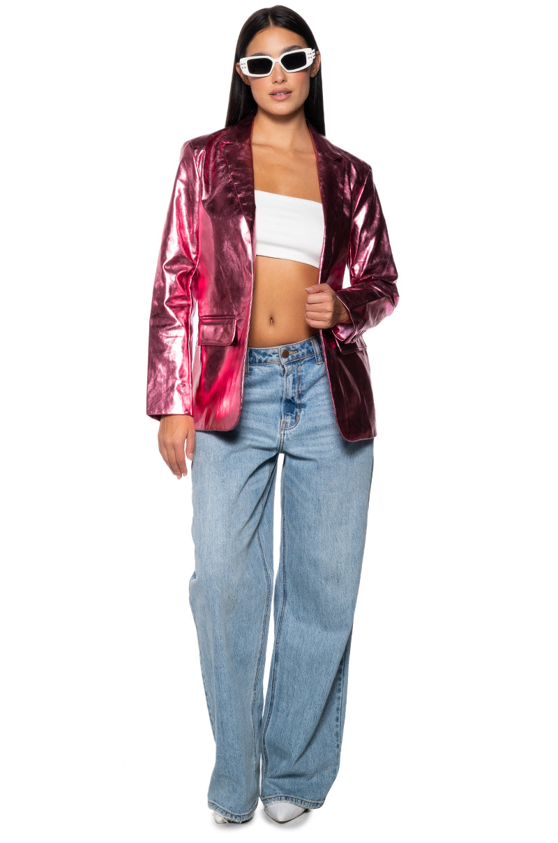 Side View It Was All A Dream Pink Metallic Pu Blazer