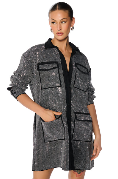 ITS A PARTY EMBELLISHED MINI SHIRT DRESS – AKIRA