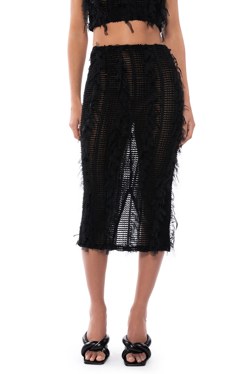 Front View Its A Wrap Macrame Mesh Bodycon Midi Skirt