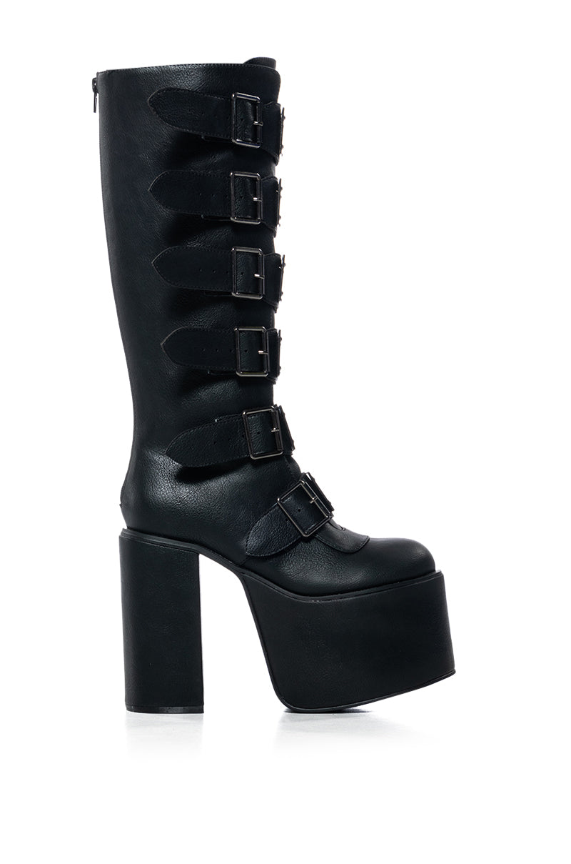 Side View Its Fate Embellished Knee High Buckle Boot In Black