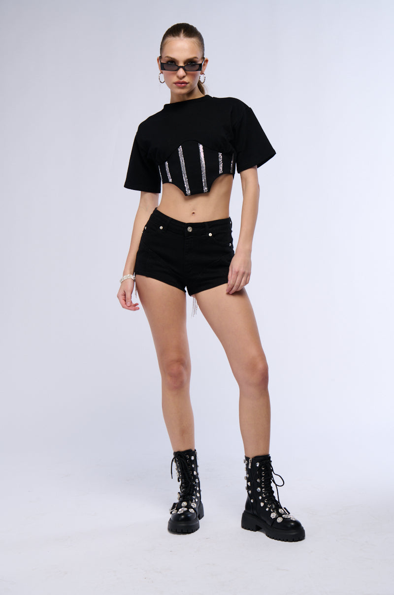 Detail View Its Me Rhinestone Fringe Denim Shorts