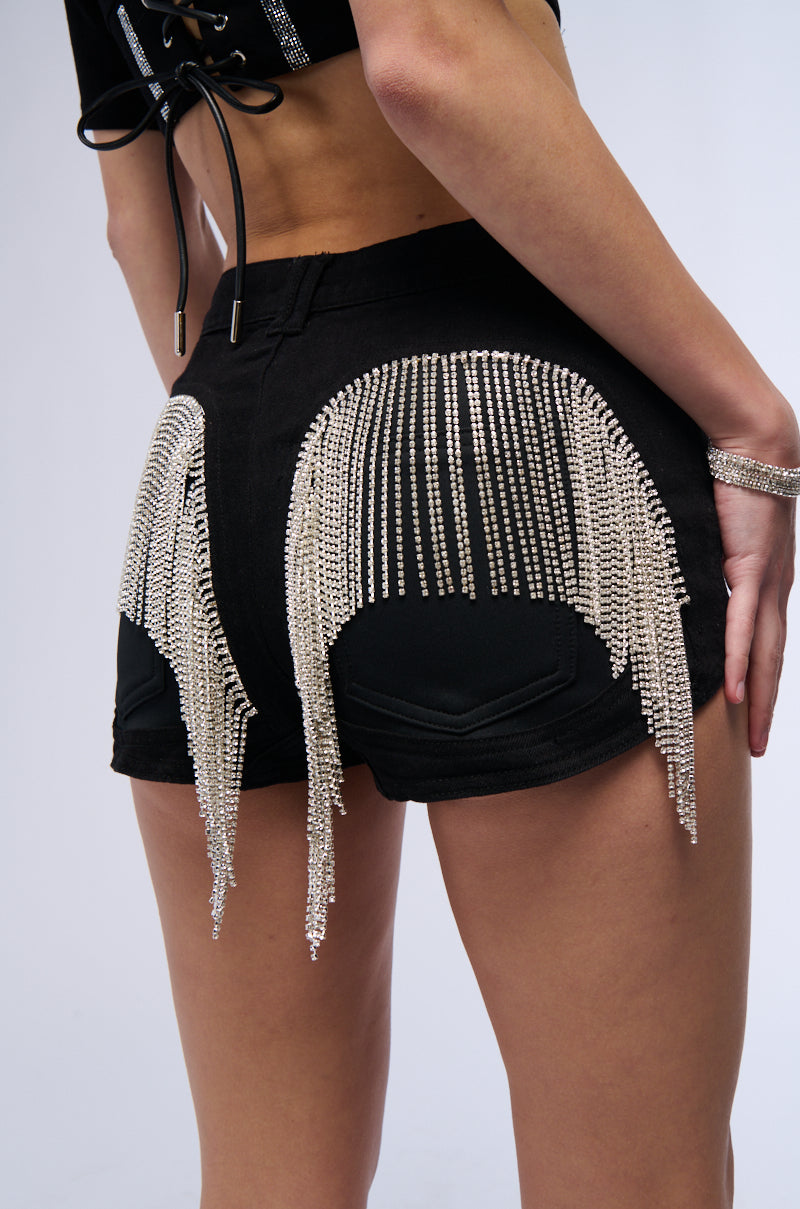 Extra View Its Me Rhinestone Fringe Denim Shorts
