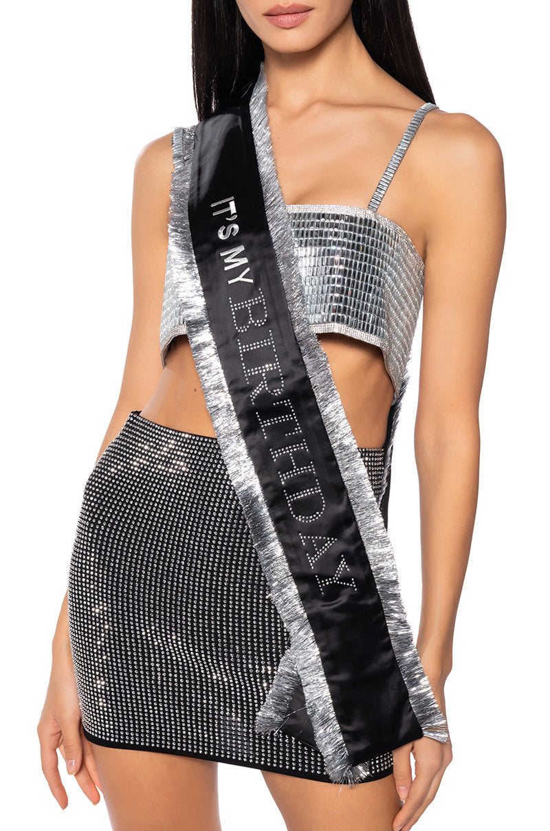 Front View Its My Birthday Embellished Luxe Sash