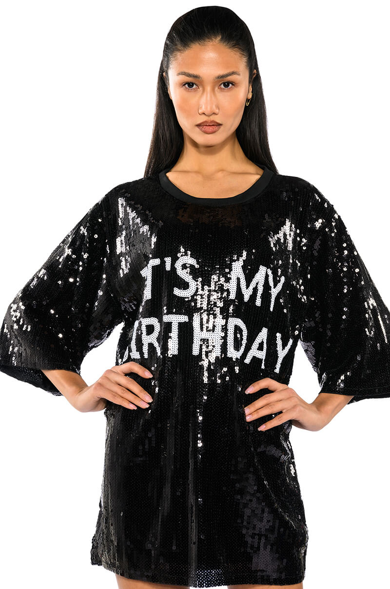 Front View Its My Birthday Sequin Tshirt Dress