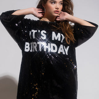 Front View Its My Birthday Sequin Tshirt Dress in Black White