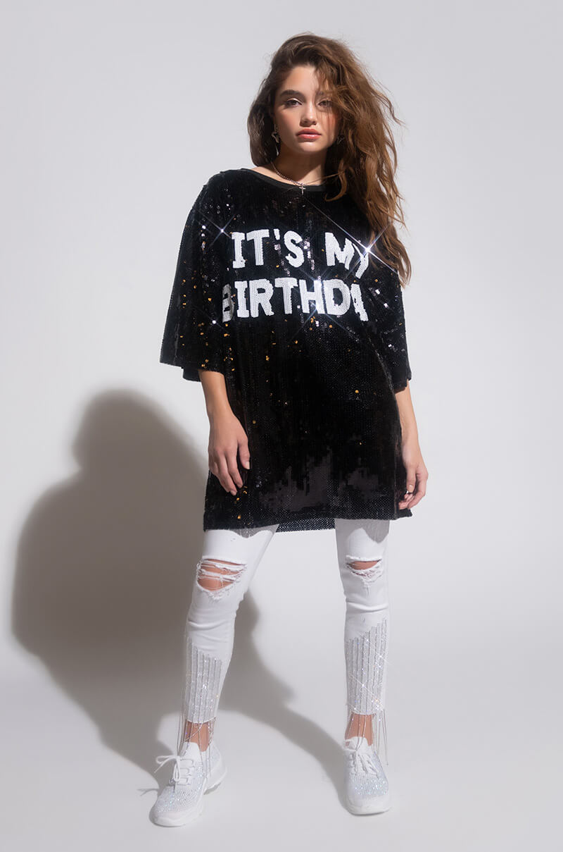  Its My Birthday Sequin Tshirt Dress in Black White