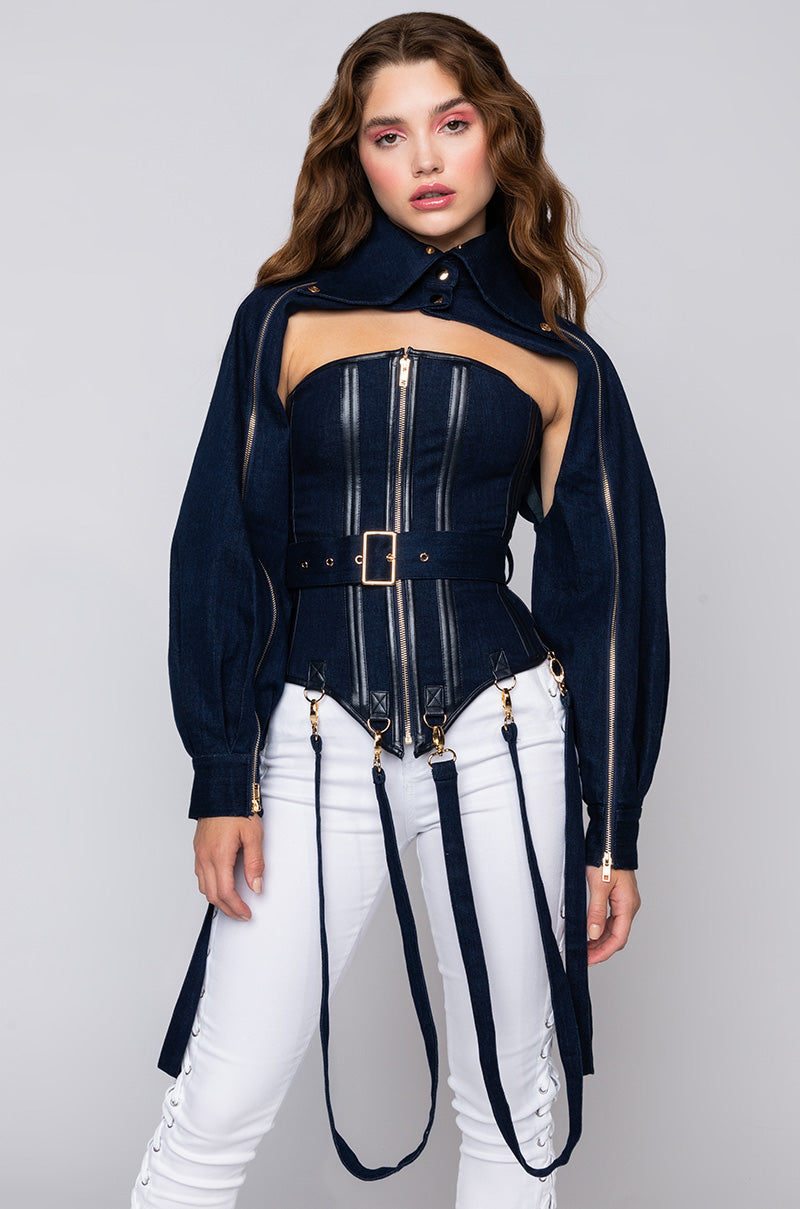 Side View Its The Details For Me Denim Corset And Cropped Jacket