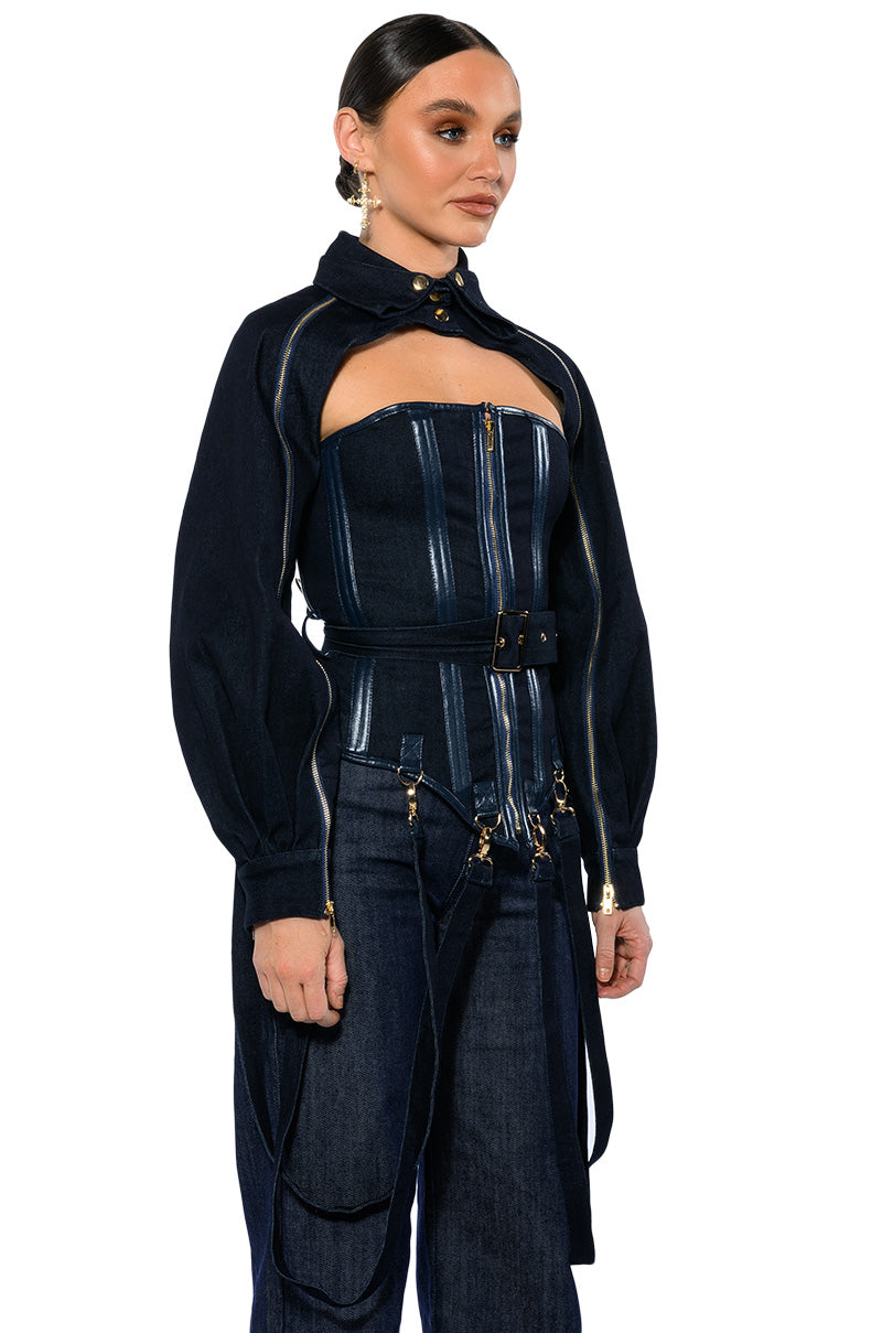 Side View Its The Details For Me Denim Corset And Cropped Jacket