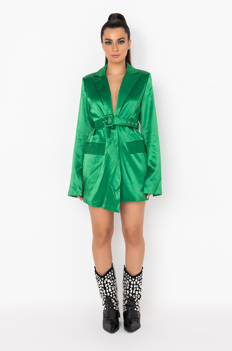 IT'S THE FIT FOR ME SATIN BLAZER DRESS GREEN AKIRA IT'S THE FIT FOR ME SATIN BLAZER DRESS GREEN AKIRA