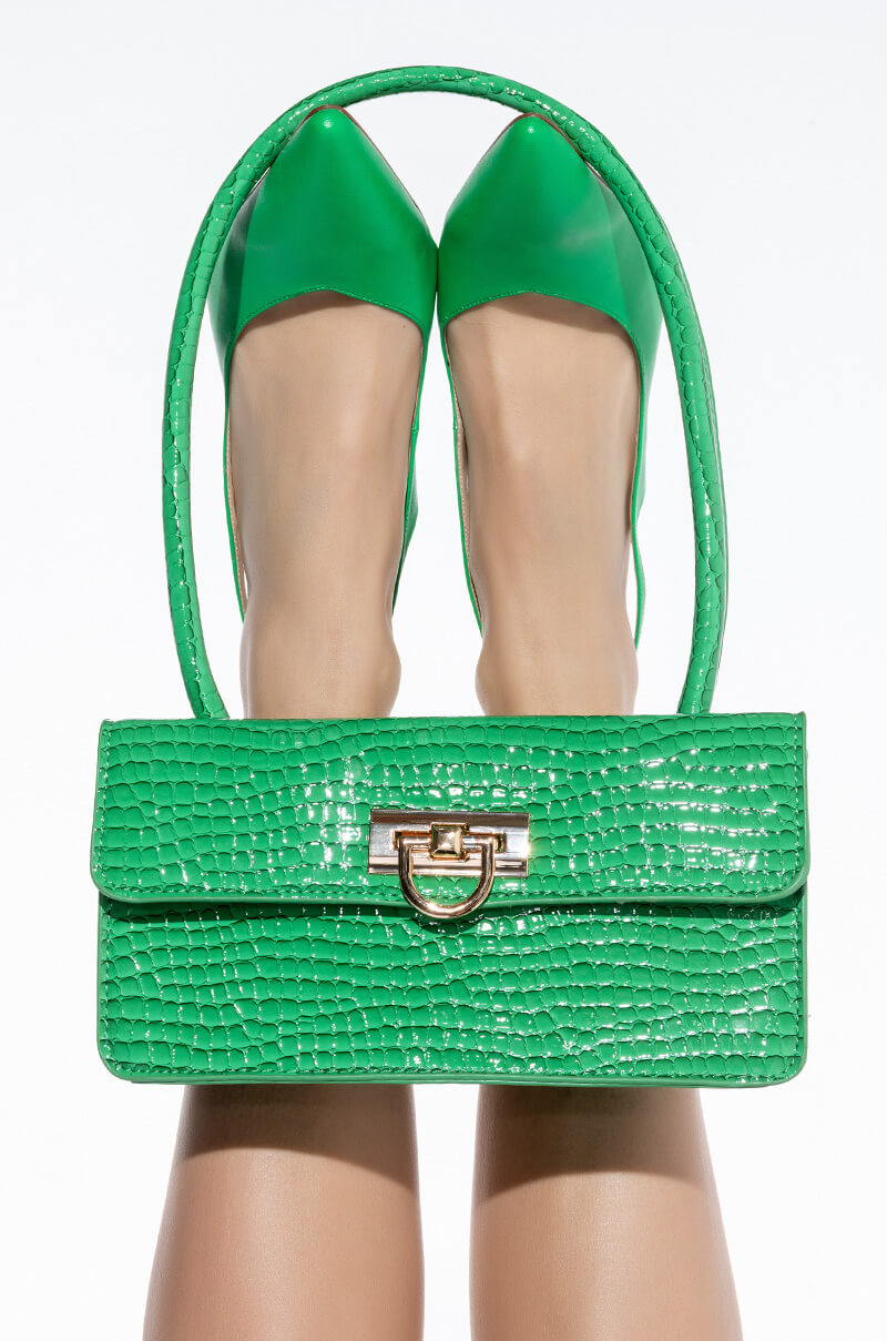 Front View Its The Green Croc Purse For Me