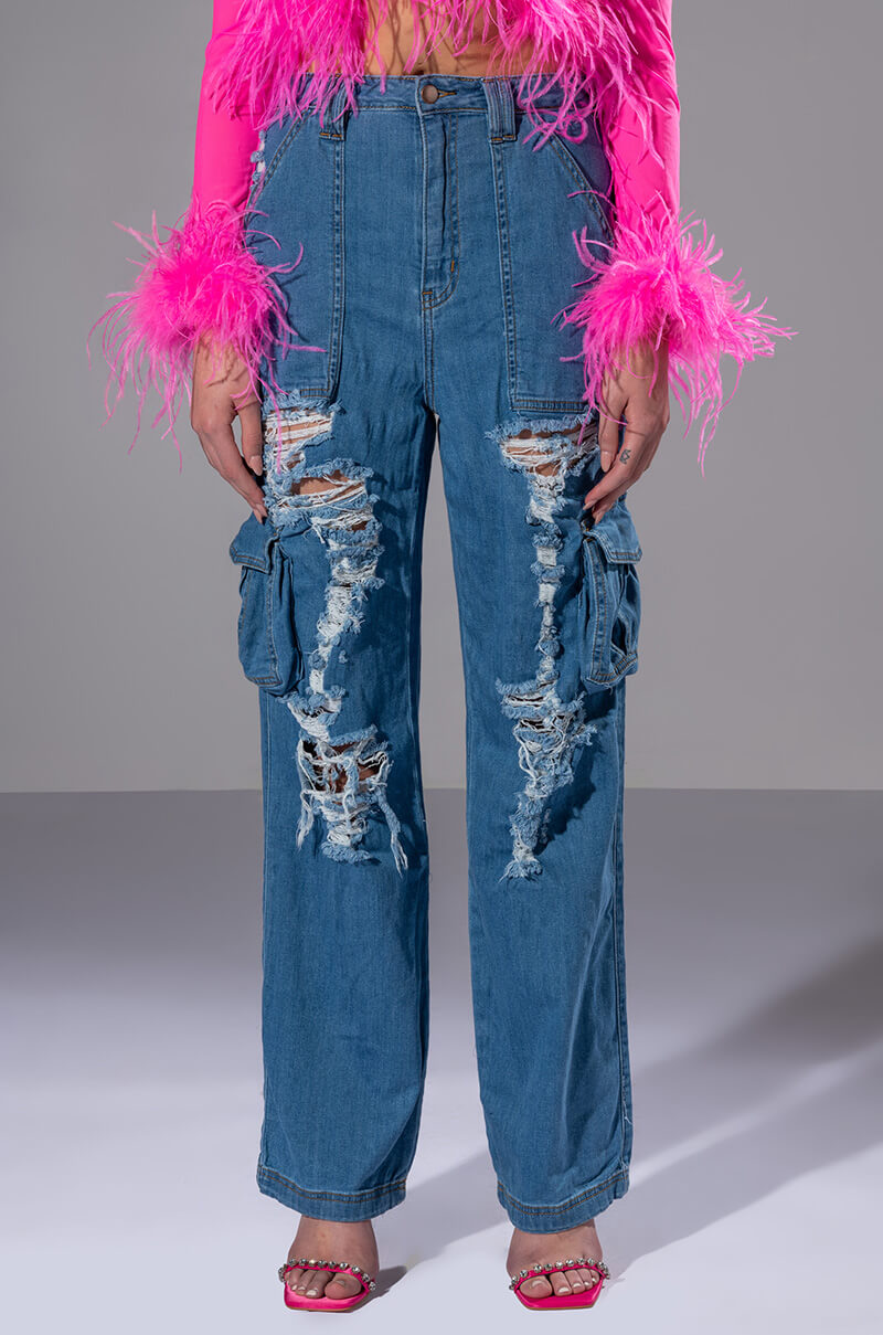 Front View Ivy Distressed Cargo High Waisted Jeans