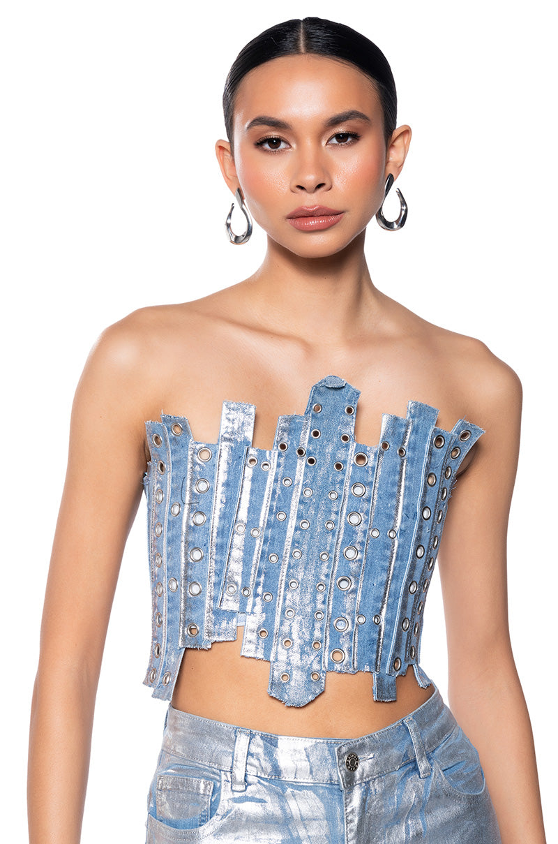 Front View Ivy Metallic Patchwork Denim Corset In Medium Blue Denim