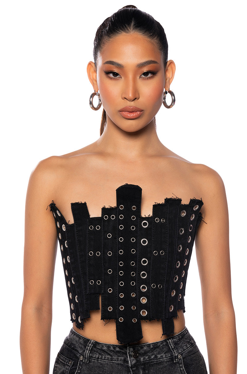 Front View Ivy Patchwork Denim Corset