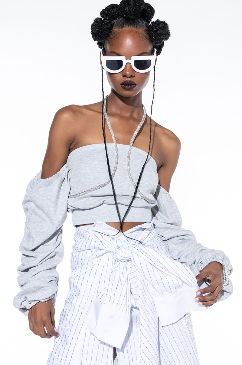 Front View Iykyk Rhinestone Cord Off Shoulder Sweatshirt