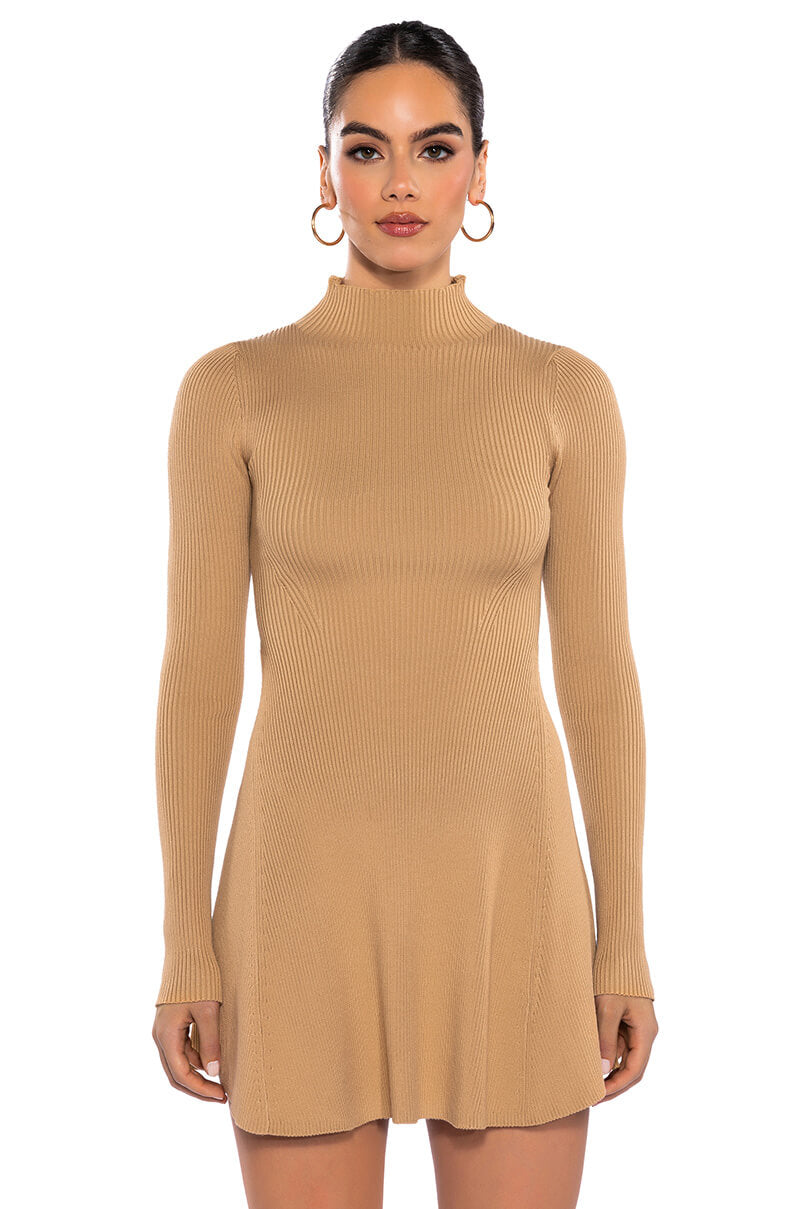 Front View Jacie Mock Collar Knit Mini Dress
