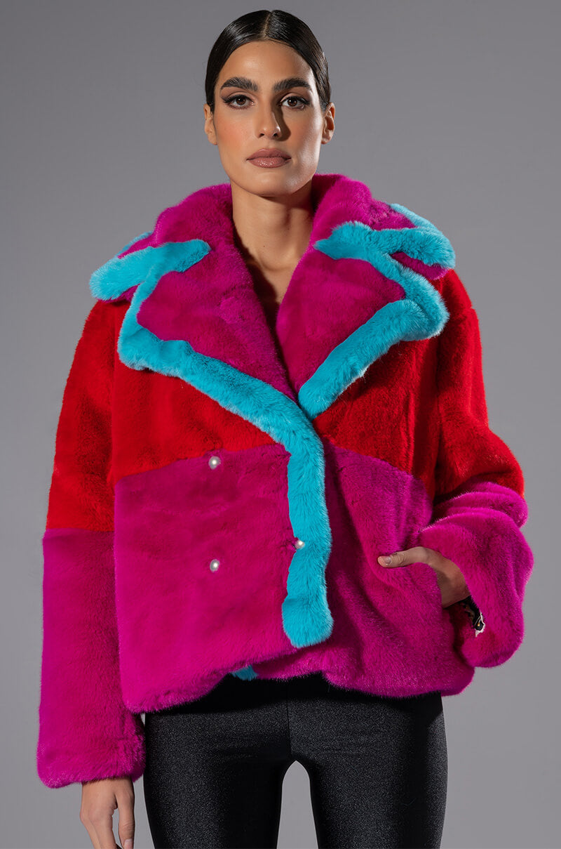 Front View Jayley Brand Faux Fur Color Block Jacket view 1