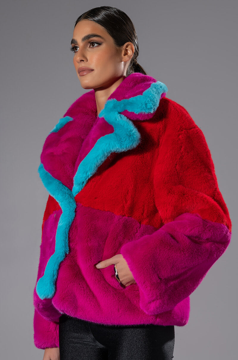 Side View Jayley Brand Faux Fur Color Block Jacket