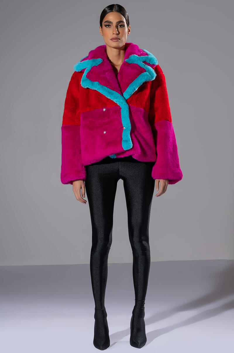 Back View Jayley Brand Faux Fur Color Block Jacket