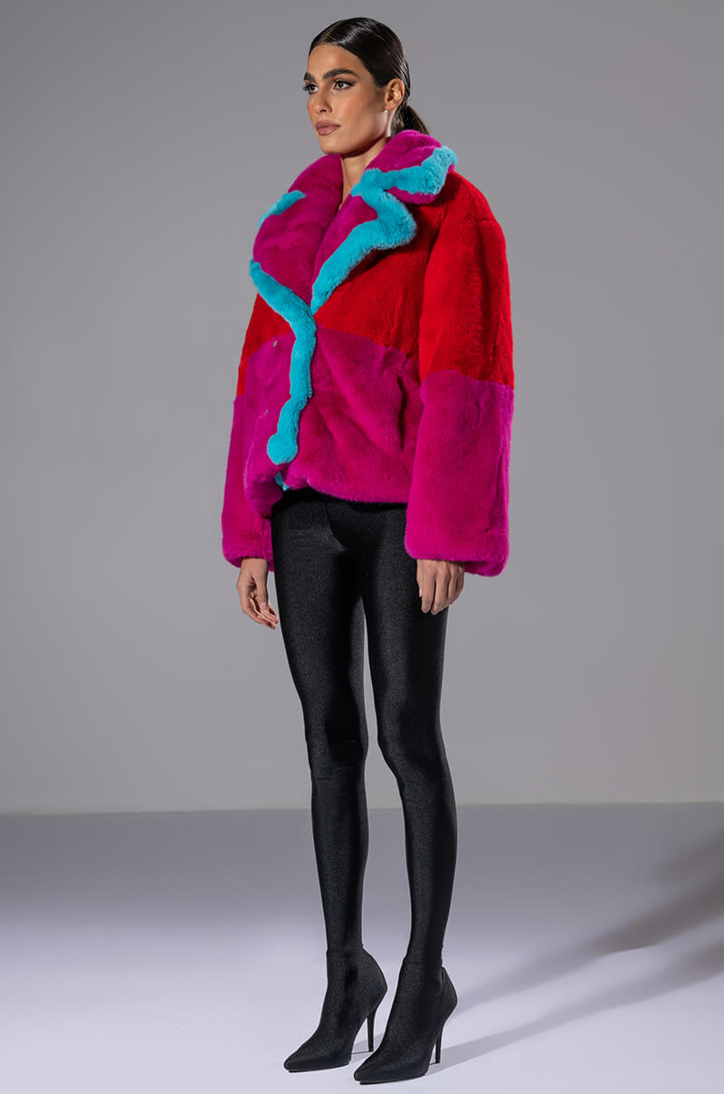 Detail View Jayley Brand Faux Fur Color Block Jacket