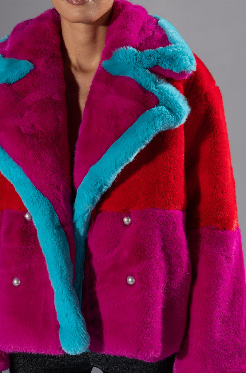 Extra View Jayley Brand Faux Fur Color Block Jacket