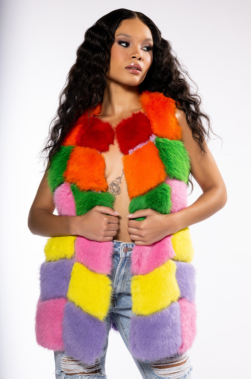 Front View Jayley Brand Faux Fur Rainbow Vest