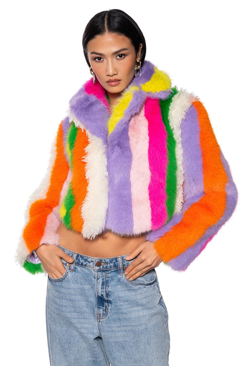 Front View Jayley Collection Faux Fur Stripe Coat
