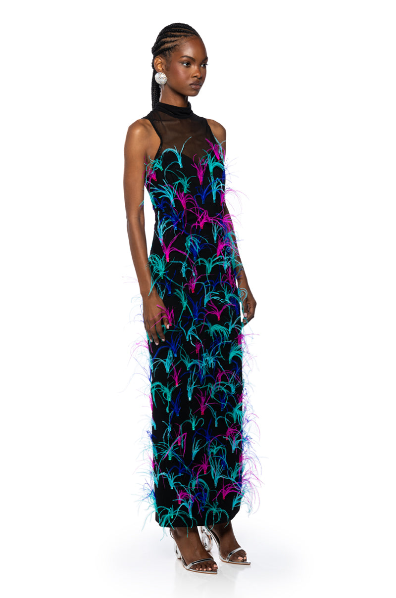 Back View Jazzed Up Feather Maxi Dress