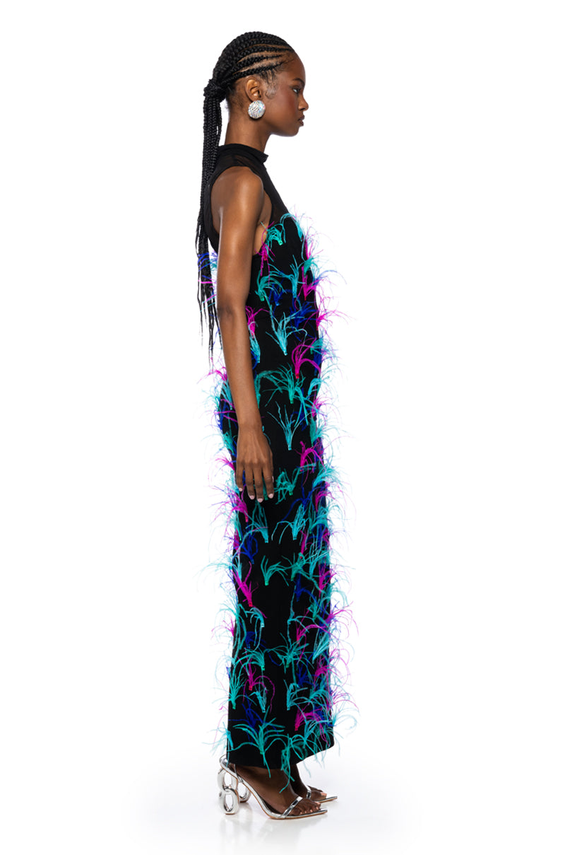 Detail View Jazzed Up Feather Maxi Dress
