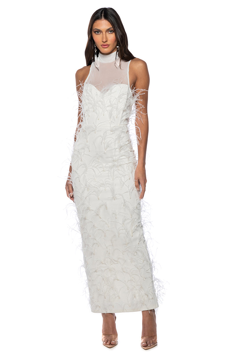 Front View Jazzy Feather Maxi Dress