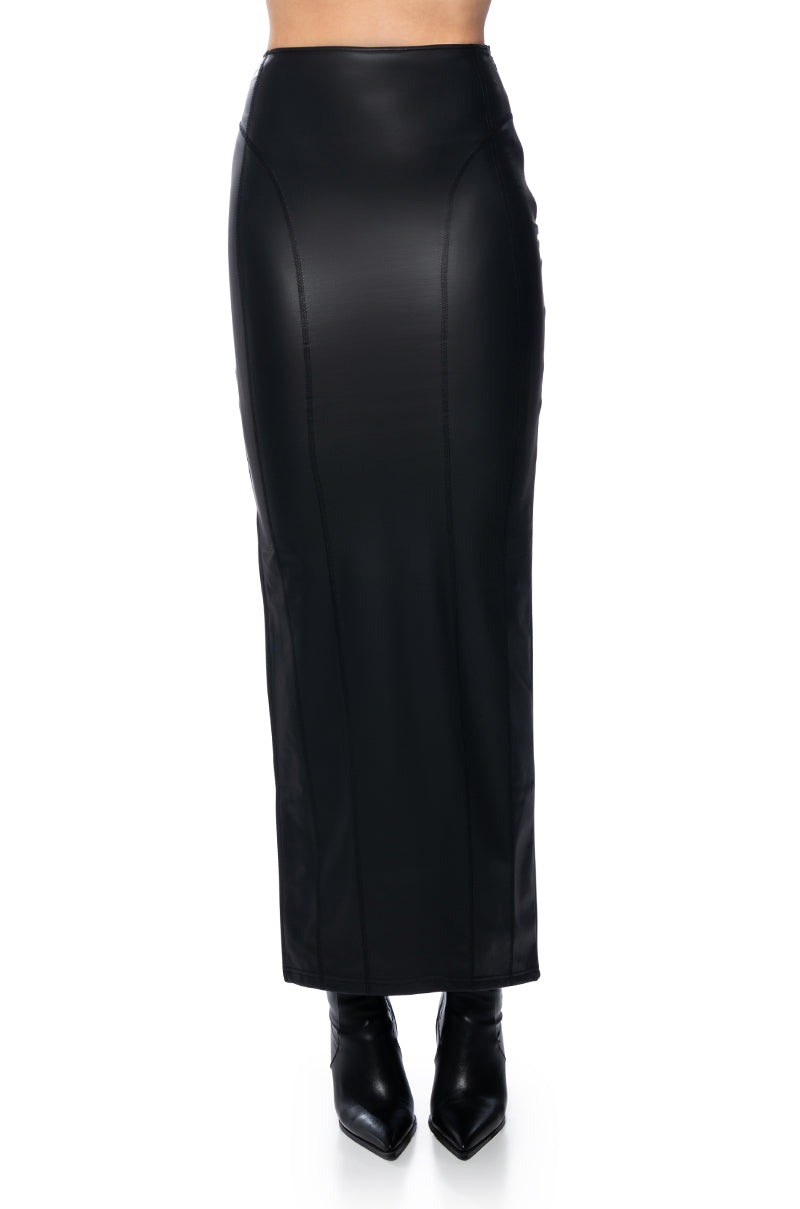 Detail View Jealous Type Fitted Faux Leather Maxi Skirt view 4