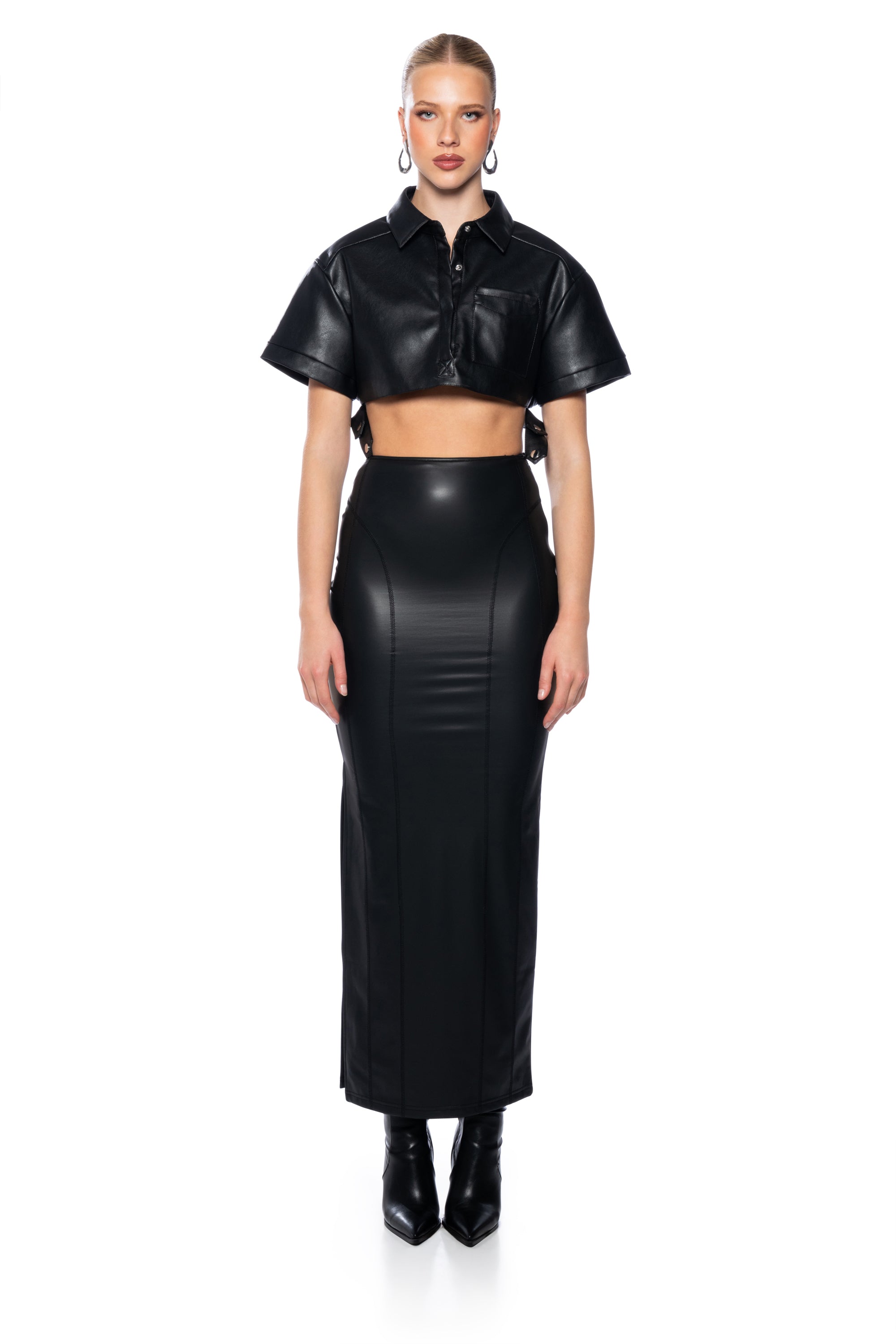 Extra View Jealous Type Fitted Faux Leather Maxi Skirt view 8