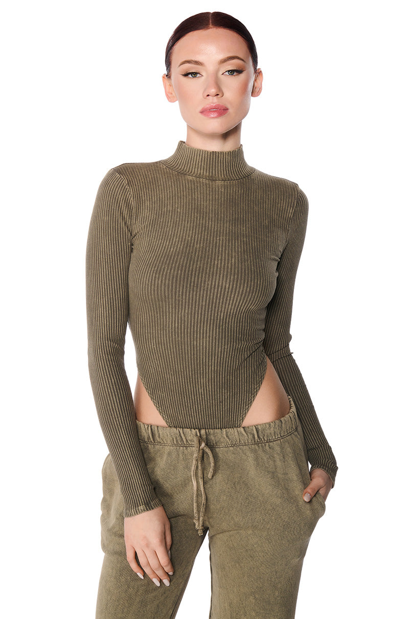 Front View Jojo Mineral Wash Open Back Bodysuit In Light Brown