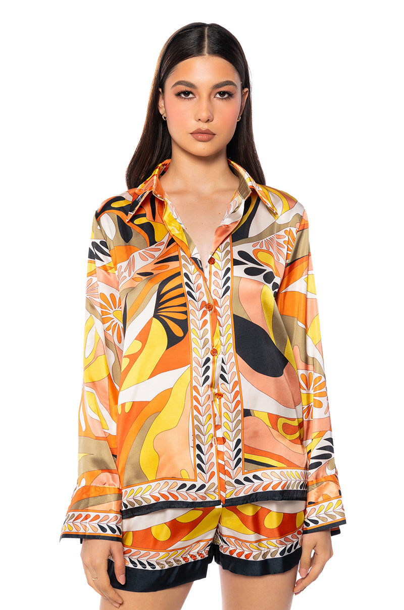 Side View Josie Satin Button Down Blouse