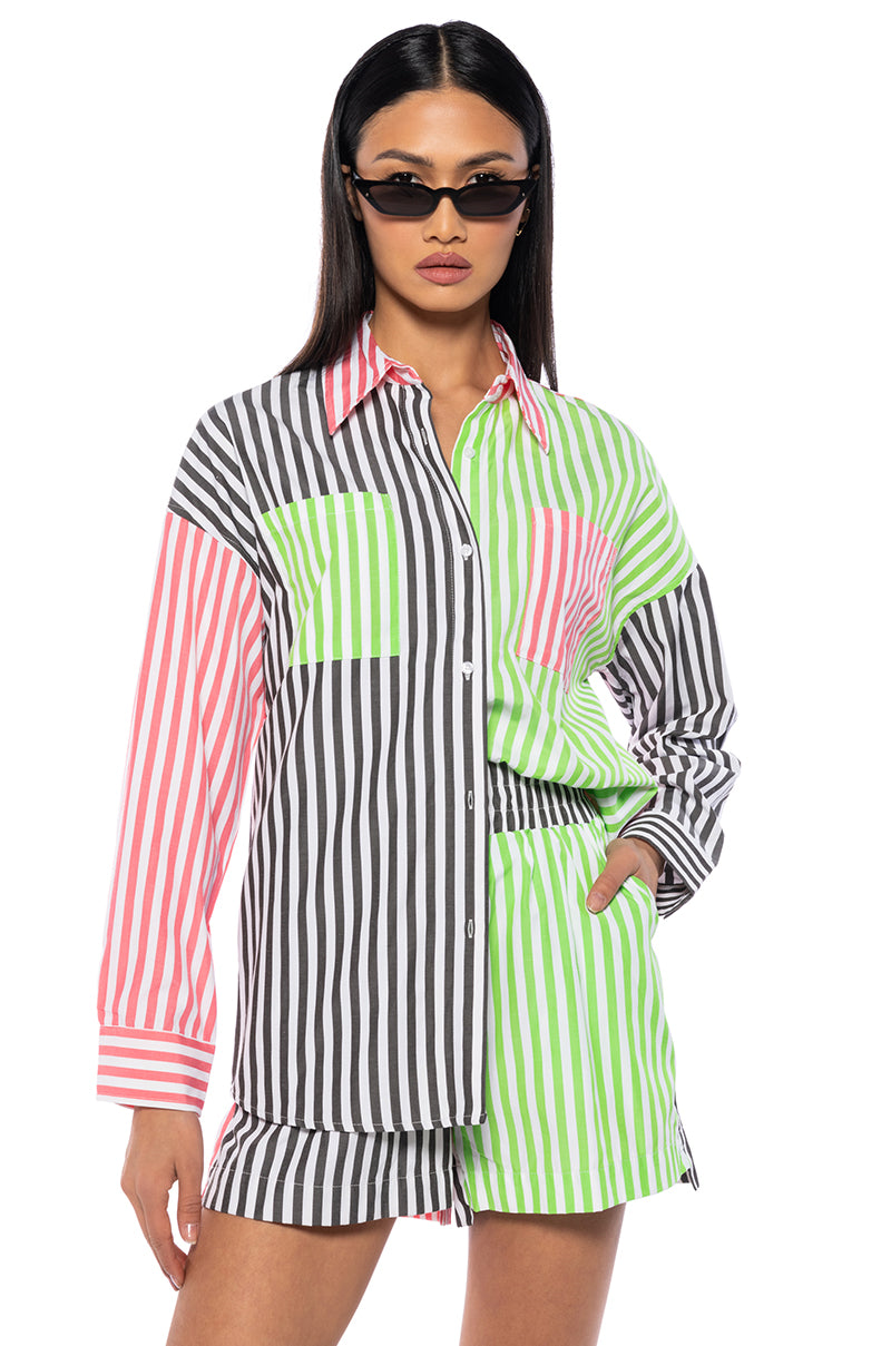Front View Joslin Color Blocked Poplin Button Down Top