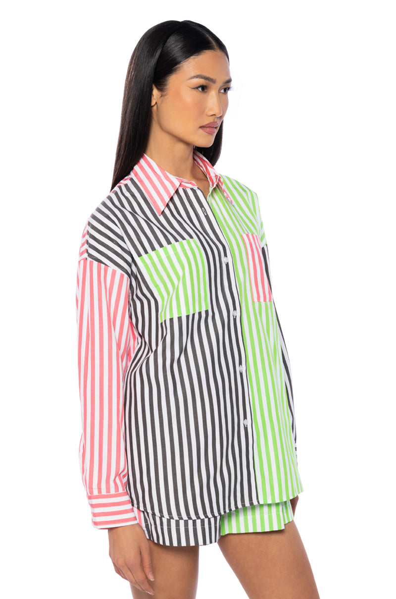 Back View Joslin Color Blocked Poplin Button Down Top view 3