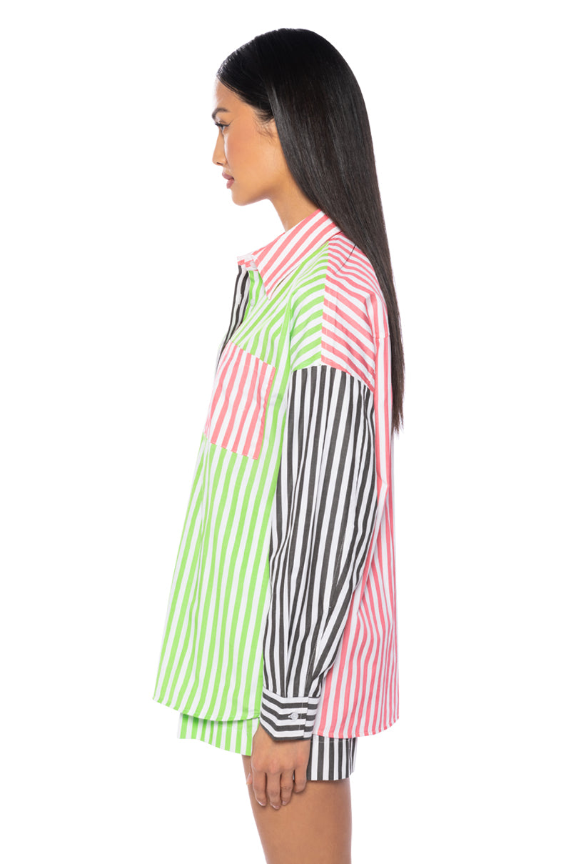 Full View Joslin Color Blocked Poplin Button Down Top view 5